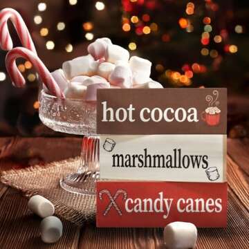 Hot Cocoa Marshmallows Candy Canes Mini Wood Block Set - 3pc Christmas Decor for Hot Cocoa Bar or Shelf Display, Holiday Decorations for Kitchen, Mantel, Made in USA