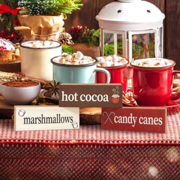 Hot Cocoa Marshmallows Candy Canes Mini Wood Block Set - 3pc Christmas Decor for Hot Cocoa Bar or Shelf Display, Holiday Decorations for Kitchen, Mantel, Made in USA