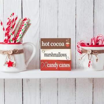 Hot Cocoa Marshmallows Candy Canes Mini Wood Block Set - 3pc Christmas Decor for Hot Cocoa Bar or Shelf Display, Holiday Decorations for Kitchen, Mantel, Made in USA
