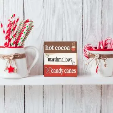 Hot Cocoa Marshmallows Candy Canes Mini Wood Block Set - 3pc Christmas Decor for Hot Cocoa Bar or Shelf Display, Holiday Decorations for Kitchen, Mantel, Made in USA