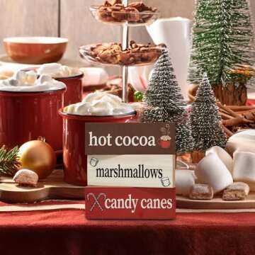 Hot Cocoa Marshmallows Candy Canes Mini Wood Block Set - 3pc Christmas Decor for Hot Cocoa Bar or Shelf Display, Holiday Decorations for Kitchen, Mantel, Made in USA