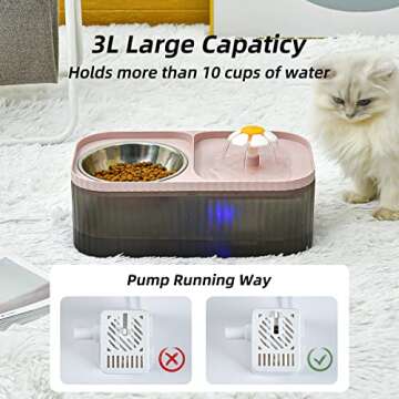 JEERAMIA Cat Water Fountain and Food Bowl, 3L/101oz Ultra Quiet Pet Water Dispenser with LED Light S...