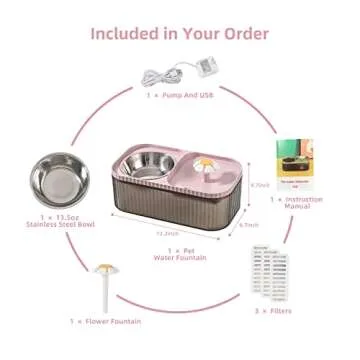 JEERAMIA Cat Water Fountain and Food Bowl, 3L/101oz Ultra Quiet Pet Water Dispenser with LED Light Smart Pump and 3 Replacement Filters, Automatic Flower Fountain & Stainless Steel Bowl (Black&Pink)