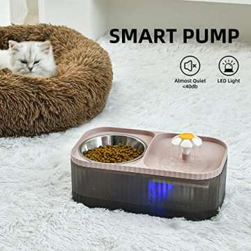 JEERAMIA Cat Water Fountain and Food Bowl, 3L/101oz Ultra Quiet Pet Water Dispenser with LED Light Smart Pump and 3 Replacement Filters, Automatic Flower Fountain & Stainless Steel Bowl (Black&Pink)