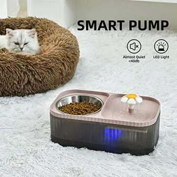 JEERAMIA Cat Water Fountain and Food Bowl, 3L/101oz Ultra Quiet Pet Water Dispenser with LED Light Smart Pump and 3 Replacement Filters, Automatic Flower Fountain & Stainless Steel Bowl (Black&Pink)