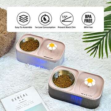 JEERAMIA Cat Water Fountain and Food Bowl, 3L/101oz Ultra Quiet Pet Water Dispenser with LED Light Smart Pump and 3 Replacement Filters, Automatic Flower Fountain & Stainless Steel Bowl (Black&Pink)