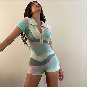 Argeousgor Y2k Knit Jumpsuit Shorts for Women Short Sleeve Button Collared Rompers Bodysuit One-Piece Playsuit Overalls Streetwear(Green Strips,M)