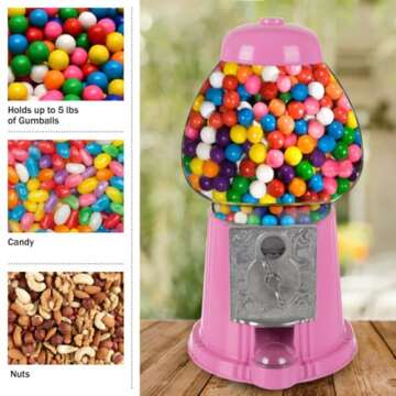 15” Gumball Machine with Coin Bank - Bubble Gum Machine Candy Dispenser with Glass Globe and Metal Base - Vintage Style Gum Ball Vending Dispenser by Great Northern Popcorn (Pink)