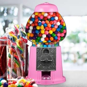 15” Gumball Machine with Coin Bank - Bubble Gum Machine Candy Dispenser with Glass Globe and Metal Base - Vintage Style Gum Ball Vending Dispenser by Great Northern Popcorn (Pink)