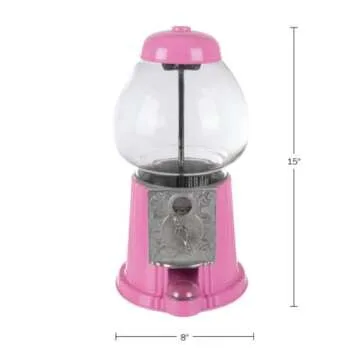 15” Gumball Machine with Coin Bank - Bubble Gum Machine Candy Dispenser with Glass Globe and Metal Base - Vintage Style Gum Ball Vending Dispenser by Great Northern Popcorn (Pink)