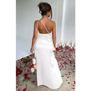 Memoriesea Women's Sexy One Shoulder Satin High Split Cocktail Wedding Party Maxi Dress White