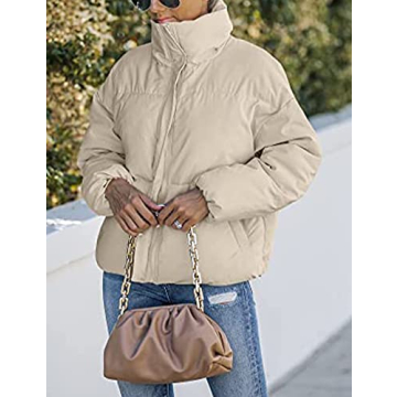 Yimoon Women's Casual Puffer Jackets Cropped Padded Jacket Long Sleeve Zip Stand Collar Winter Coat(Khaki-Large)