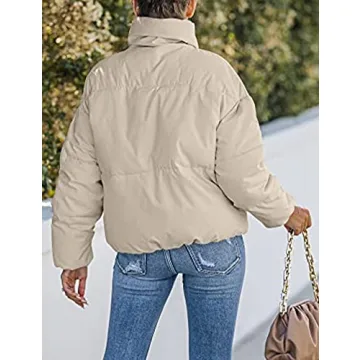 Yimoon Women's Casual Puffer Jackets Cropped Padded Jacket Long Sleeve Zip Stand Collar Winter Coat(Khaki-Large)