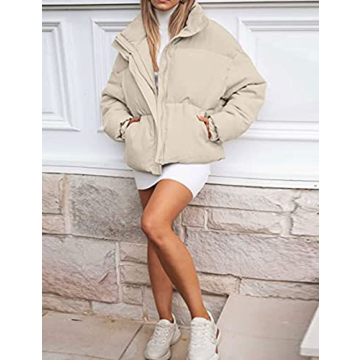 Yimoon Women's Casual Puffer Jackets Cropped Padded Jacket Long Sleeve Zip Stand Collar Winter Coat(Khaki-Large)