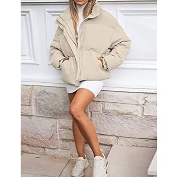 Yimoon Women's Casual Puffer Jackets Cropped Padded Jacket Long Sleeve Zip Stand Collar Winter Coat(Khaki-Large)