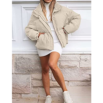 Yimoon Women's Casual Puffer Jackets Cropped Padded Jacket Long Sleeve Zip Stand Collar Winter Coat(Khaki-Large)