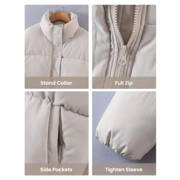 Yimoon Women's Casual Puffer Jackets Cropped Padded Jacket Long Sleeve Zip Stand Collar Winter Coat(Khaki-Large)