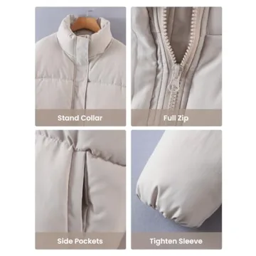 Yimoon Women's Casual Puffer Jackets Cropped Padded Jacket Long Sleeve Zip Stand Collar Winter Coat(Khaki-Large)
