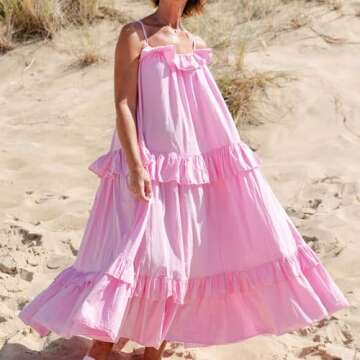 Summer Maxi Dress for Women Sleeveless Spaghetti Strap Ruffle Tiered Maxi Sundress Loose Backless Long Beach Dress (Pink, M)