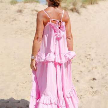 Summer Maxi Dress for Women Sleeveless Spaghetti Strap Ruffle Tiered Maxi Sundress Loose Backless Long Beach Dress (Pink, M)