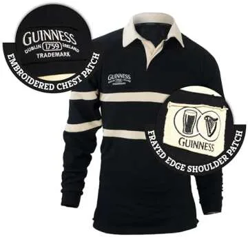 Guinness Traditional Black and Cream Longsleeve Rugby Jersey, Official Merchandise, Black Jersey, Men's 4X-Large