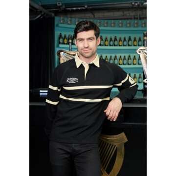 Guinness Traditional Black and Cream Longsleeve Rugby Jersey, Official Merchandise, Black Jersey, Men's 4X-Large