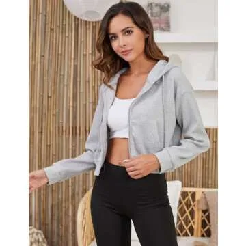 Gihuo Women’ s Waffle Knit Hoodie Long Sleeve Cropped Sweatshirts Hooded Zip Up Fashion Jacket with Kanga Pocket(LightGrey-L)