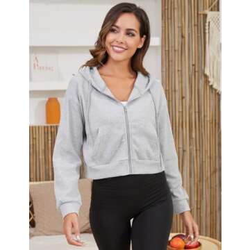 Gihuo Women’ s Waffle Knit Hoodie Long Sleeve Cropped Sweatshirts Hooded Zip Up Fashion Jacket with Kanga Pocket(LightGrey-L)