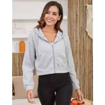 Gihuo Women’ s Waffle Knit Hoodie Long Sleeve Cropped Sweatshirts Hooded Zip Up Fashion Jacket with Kanga Pocket(LightGrey-L)