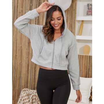 Gihuo Women’ s Waffle Knit Hoodie Long Sleeve Cropped Sweatshirts Hooded Zip Up Fashion Jacket with Kanga Pocket(LightGrey-L)