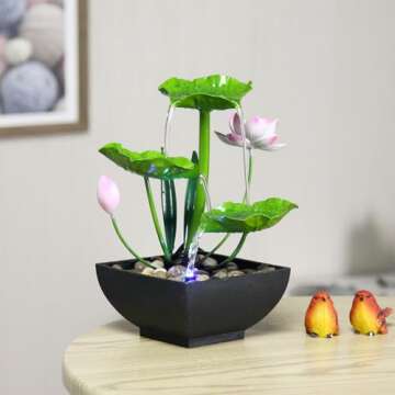 YOQUATE Tabletop Fountain Water Fountain Indoor Waterfall Fountain 3-Tier Lotus Desk Fountain Relaxation Home Decor Including Lots of Rocks and Soothing Sound Machine