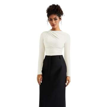 SUUKSESS Women Business Casual Mock Neck Long Sleeve Tops Double Lined Ruched Basic T Shirts (White,S)