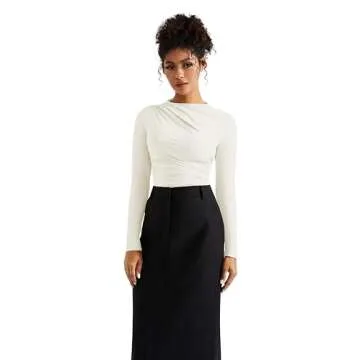 SUUKSESS Women Business Casual Mock Neck Long Sleeve Tops Double Lined Ruched Basic T Shirts (White,S)
