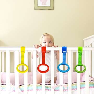 codree 8PCS 4 Colors Baby Playpen Pull up Rings- Baby Crib Pull up Rings- Baby Walking Exercises Assistant Rings- Baby Bed Stand Up Rings Baby Cot Hanging Rings for Infant Baby Toddler