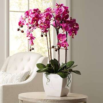 Dahlia Studios Potted Silk Faux Artificial Flowers Arrangements Realistic Purple Fuchsia Orchid in W...