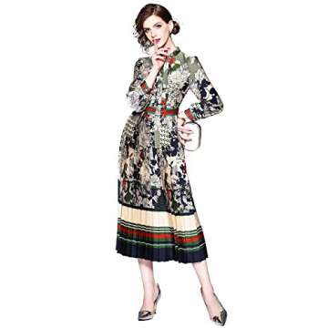 LAI MENG FIVE CATS Women's 3/4 Sleeve Floral Print Button Up Casual A-Line Party Swing Midi Dress - ...