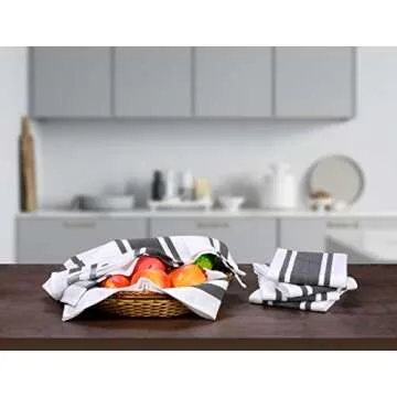 Heavy Duty Oversized Kitchen Towels & Dishcloth (Set of 6 Charcoal 18x28) Highly Absorbent, Professional Grade Cotton Tea Towels for Everyday Cooking and Baking- Modern Clean Striped Pattern