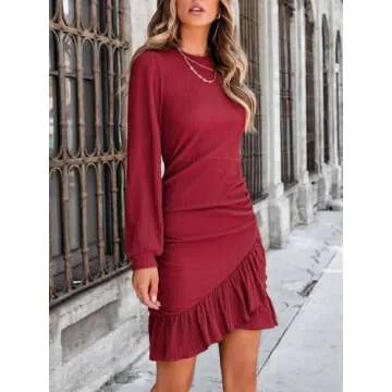 CUPSHE Women's Knit Ruched Mini Fall Dress Smocked Ruffle Hem Crew Neck Long Sleeve Bodycon Casual Summer Autumn Dresses, Wine Red M