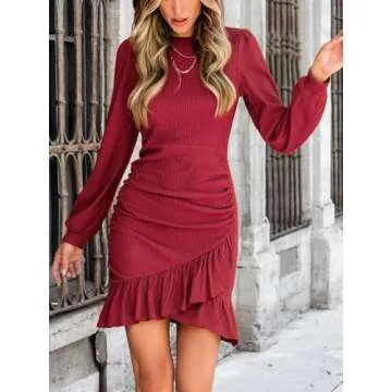 CUPSHE Women's Knit Ruched Mini Fall Dress Smocked Ruffle Hem Crew Neck Long Sleeve Bodycon Casual Summer Autumn Dresses, Wine Red M