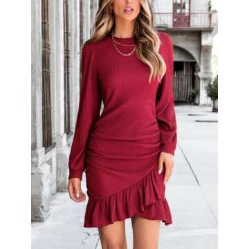 CUPSHE Women's Knit Ruched Mini Fall Dress Smocked Ruffle Hem Crew Neck Long Sleeve Bodycon Casual Summer Autumn Dresses, Wine Red M