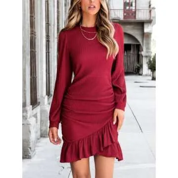 CUPSHE Women's Knit Ruched Mini Fall Dress Smocked Ruffle Hem Crew Neck Long Sleeve Bodycon Casual Summer Autumn Dresses, Wine Red M