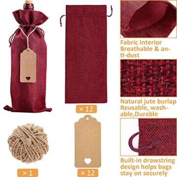 Burlap Wine Bags - 12 Reusable Bottle Covers with Drawstrings, Tags & Rope for Gifting on Christmas,...