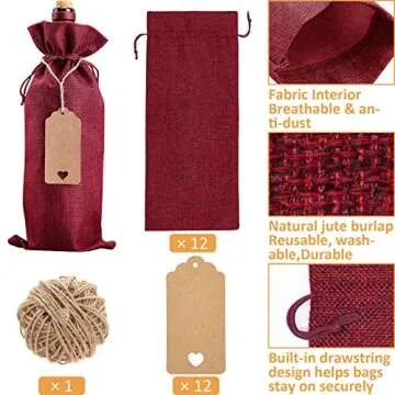 Burlap Wine Bags - 12 Reusable Bottle Covers with Drawstrings, Tags & Rope for Gifting on Christmas,...