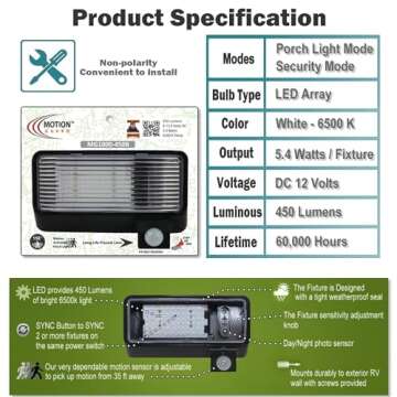 MOTION-GUARD, MG1000-450B, RV Exterior Mounted Bright LED Motion Sensor Porch Flood Light, Rated IP65 with INTELA-Sensor, Polarity Guard, Adjustable Sensitivity and EMI Suppression