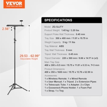 VEVOR Projector Stand, Laptop Stand Tripod Adjustable Height from 26.97 to 63 in, Portable Projector Tripod Stand with Tray & Gooseneck Phone Holder, for Outdoor Movies, Home, Office, Stage or Studio
