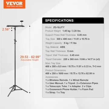 VEVOR Projector Stand, Laptop Stand Tripod Adjustable Height from 26.97 to 63 in, Portable Projector Tripod Stand with Tray & Gooseneck Phone Holder, for Outdoor Movies, Home, Office, Stage or Studio