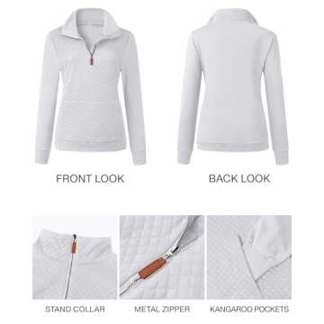 BTFBM Women Fashion Quilted Pattern Lightweight Zipper Long Sleeve Plain Casual Ladies Sweatshirts Pullovers Shirts Tops (White, Medium)