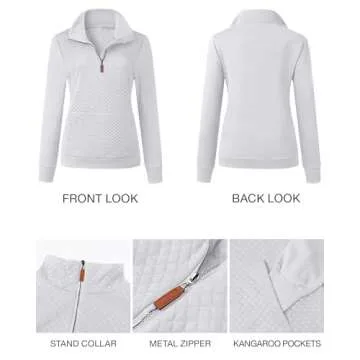 BTFBM Women Fashion Quilted Pattern Lightweight Zipper Long Sleeve Plain Casual Ladies Sweatshirts Pullovers Shirts Tops (White, Medium)