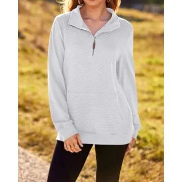 BTFBM Women Fashion Quilted Pattern Lightweight Zipper Long Sleeve Plain Casual Ladies Sweatshirts Pullovers Shirts Tops (White, Medium)