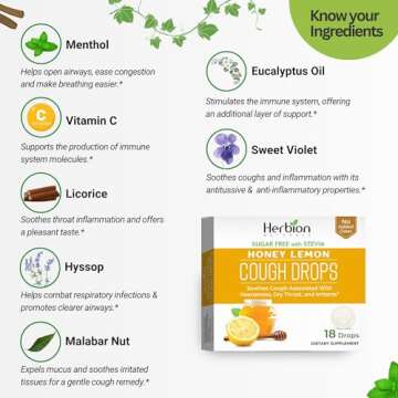 Herbion Naturals Cough Drops with Natural Honey Lemon Flavor, Sugar-Free with Stevia, Dietary Supple...